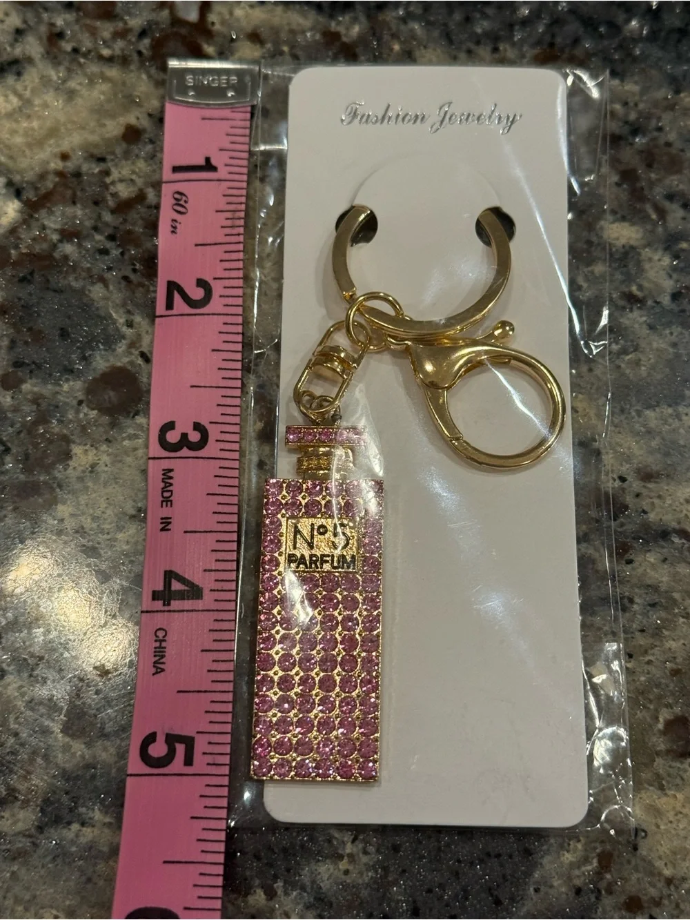 Fashion Jewelry Gold-Tone Pink Rhinestone Perfume Bottle Keyring